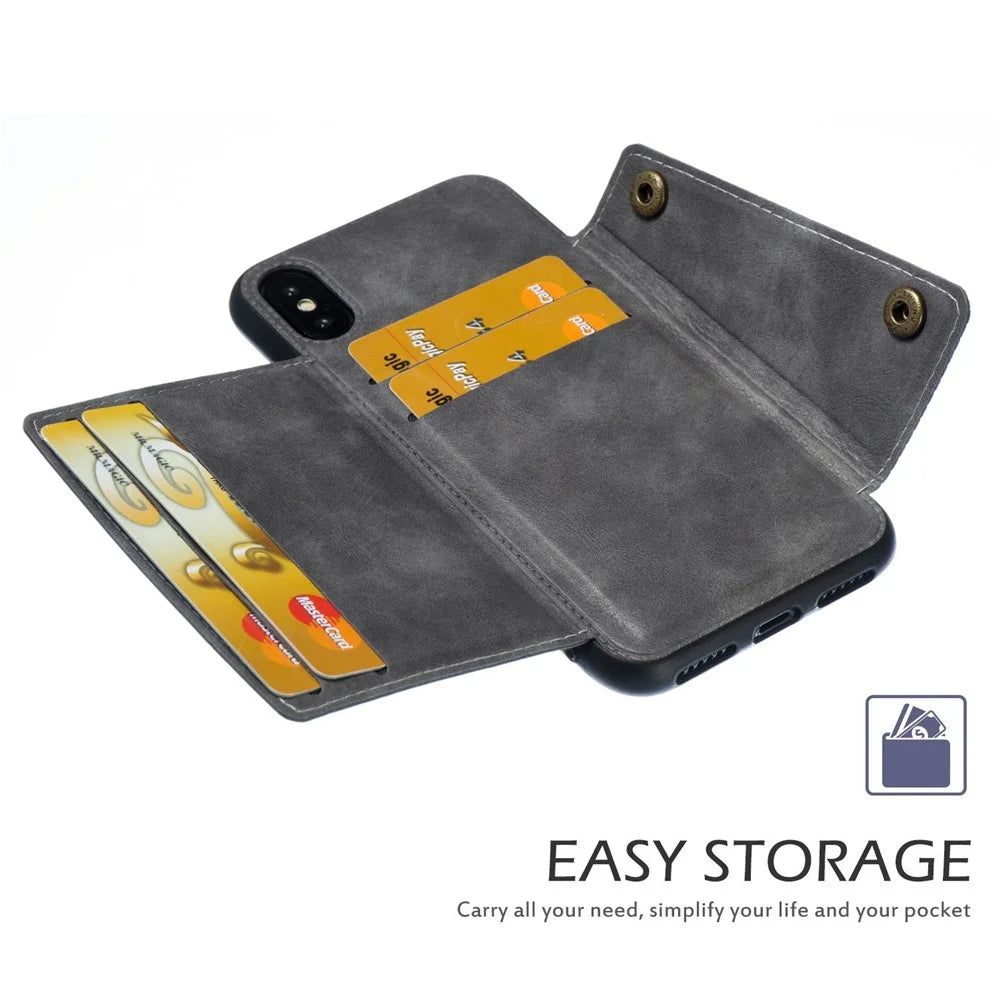 Kickstand Card Holder PU Leather Coated TPU Phone Shell Casing for iPhone X / XS 5.8 inch - Grey - 6