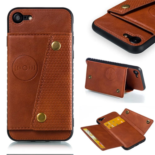 Kickstand Card Holder PU Leather Coated TPU Case [Built-in Vehicle Magnetic Sheet] for iPhone 8/7/SE (2020)/SE (2022) - Brown - 1