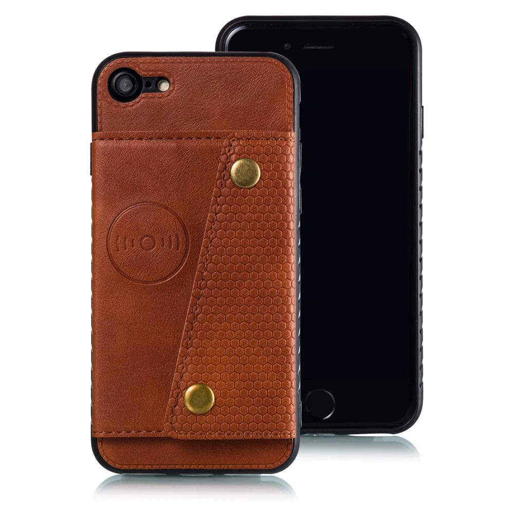 Kickstand Card Holder PU Leather Coated TPU Case [Built-in Vehicle Magnetic Sheet] for iPhone 8/7/SE (2020)/SE (2022) - Brown - 2