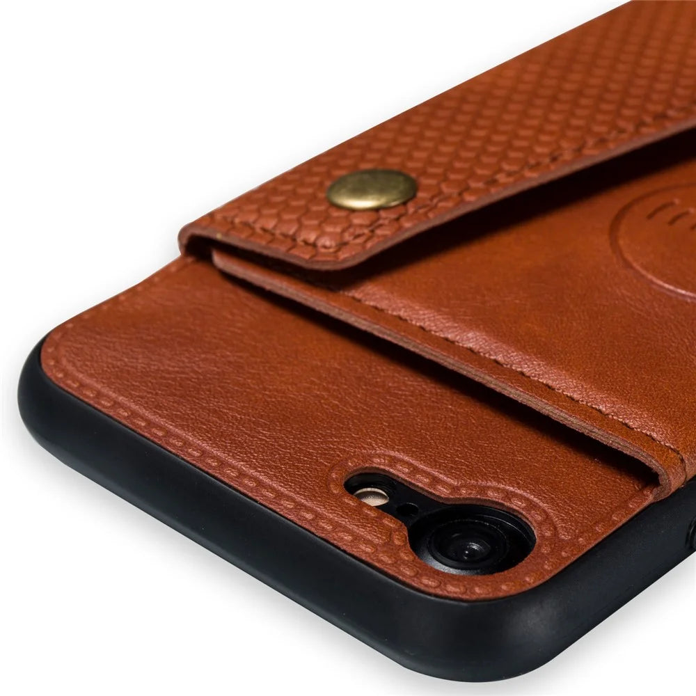 Kickstand Card Holder PU Leather Coated TPU Case [Built-in Vehicle Magnetic Sheet] for iPhone 8/7/SE (2020)/SE (2022) - Brown - 3