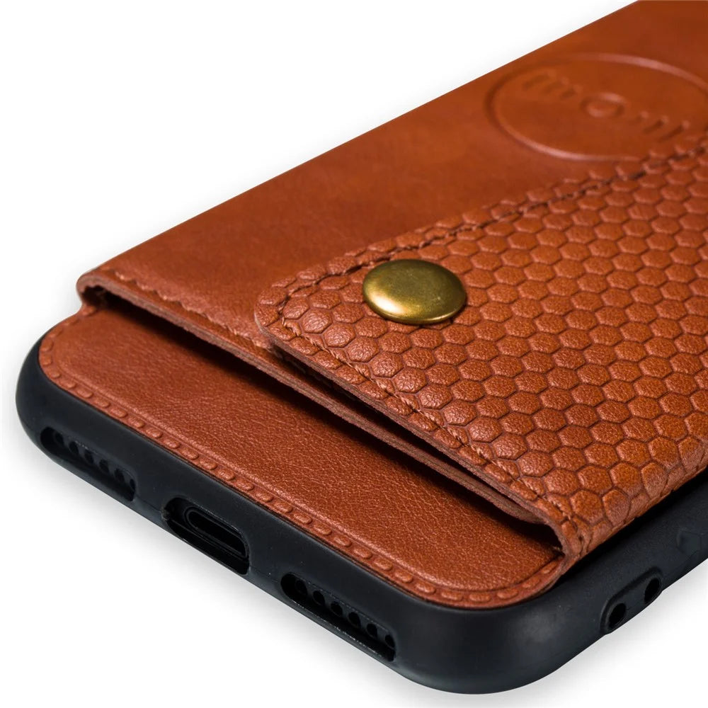 Kickstand Card Holder PU Leather Coated TPU Case [Built-in Vehicle Magnetic Sheet] for iPhone 8/7/SE (2020)/SE (2022) - Brown - 4