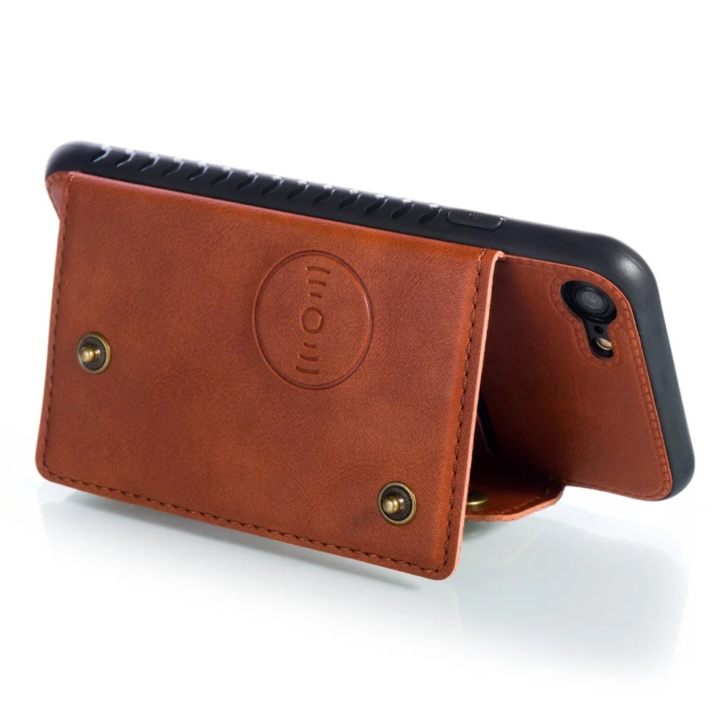 Kickstand Card Holder PU Leather Coated TPU Case [Built-in Vehicle Magnetic Sheet] for iPhone 8/7/SE (2020)/SE (2022) - Brown - 5