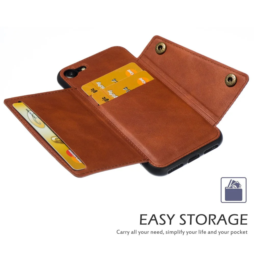 Kickstand Card Holder PU Leather Coated TPU Case [Built-in Vehicle Magnetic Sheet] for iPhone 8/7/SE (2020)/SE (2022) - Brown - 6