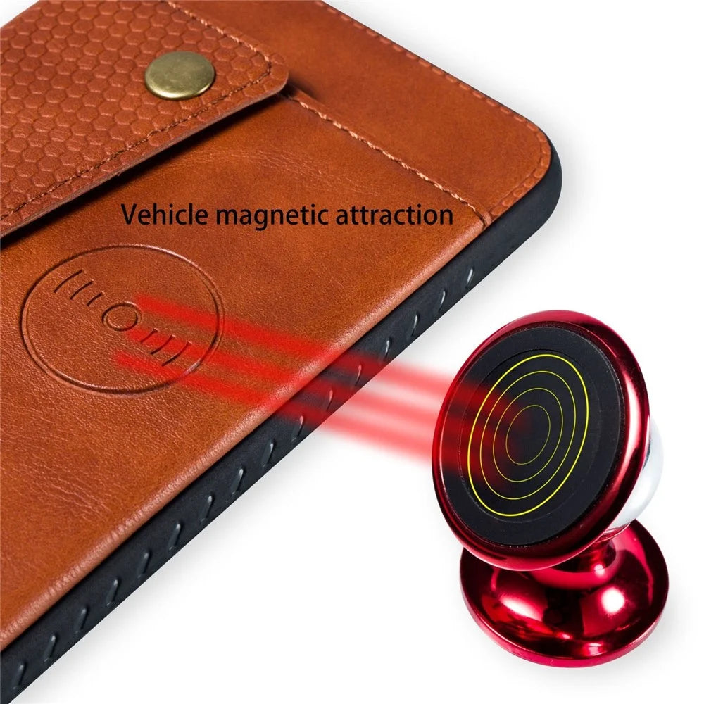 Kickstand Card Holder PU Leather Coated TPU Case [Built-in Vehicle Magnetic Sheet] for iPhone 8/7/SE (2020)/SE (2022) - Brown - 7
