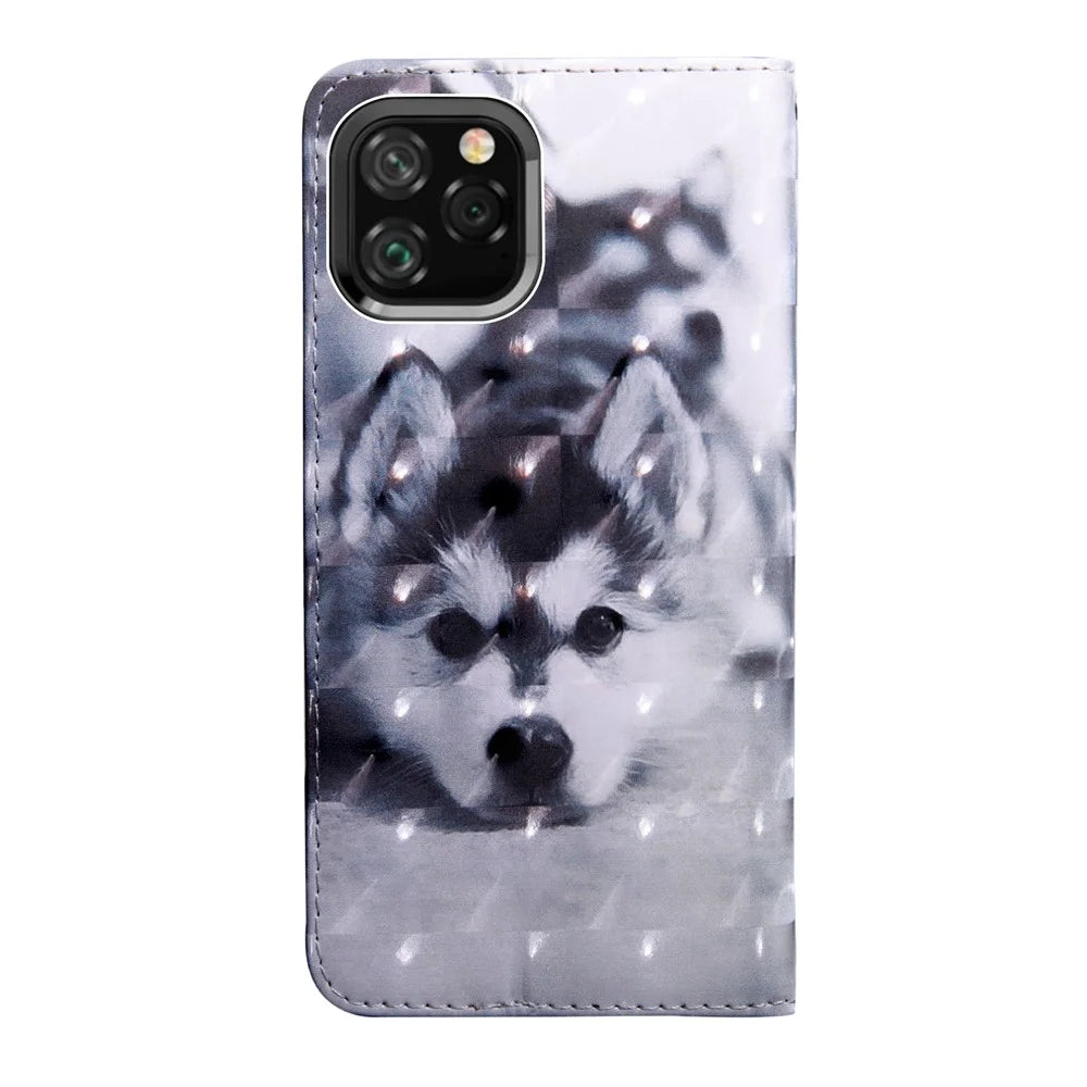3D Printing Leather Wallet Phone Casing for iPhone 11 6.1 inch (2019) - Black and White Wolf - 3