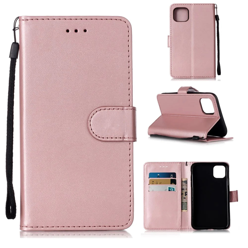 Solid Color Leather Wallet Stand Phone Case Cover for iPhone 11 6.1-inch (2019) - Rose Gold - 1
