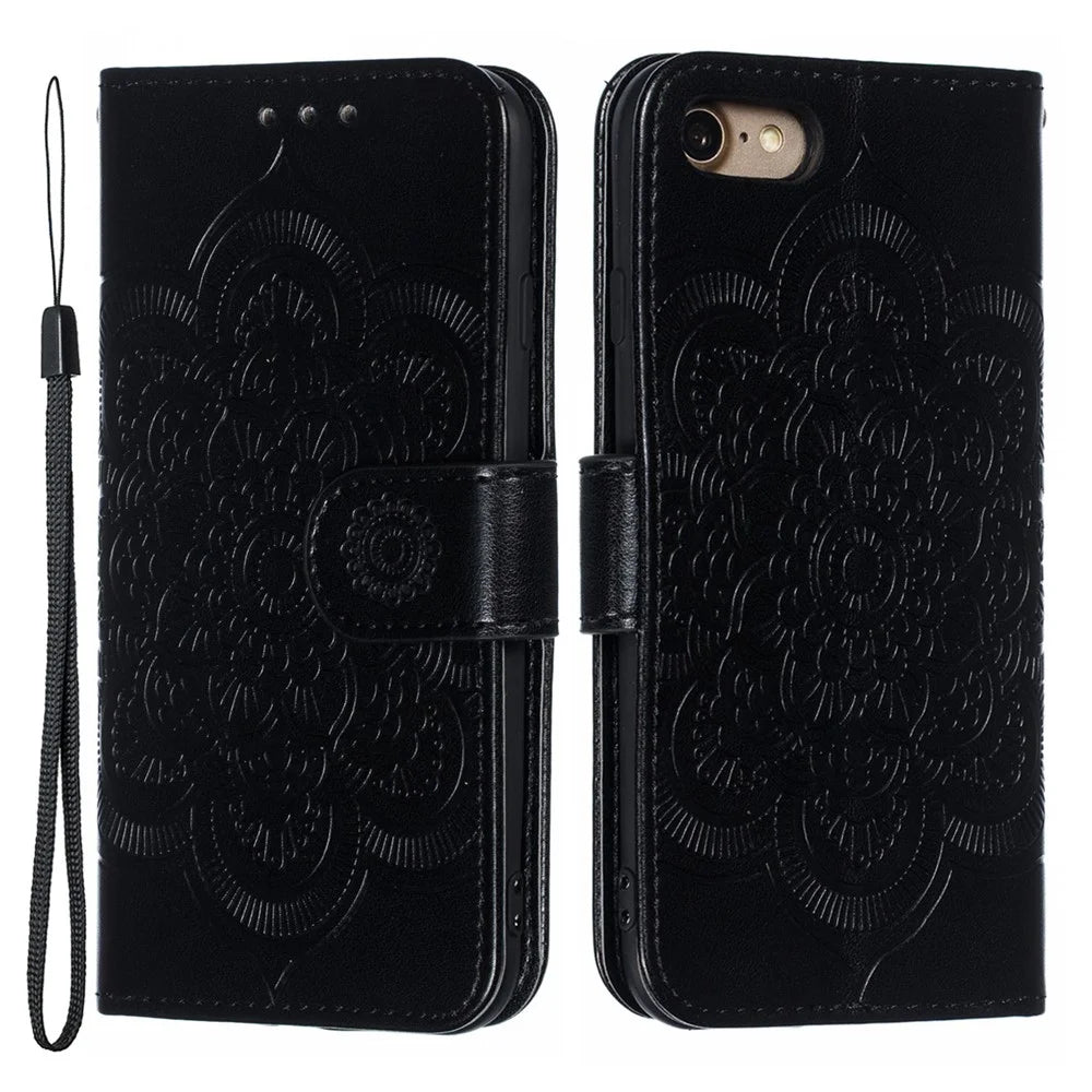 Imprint Mandala Flower Wallet Stand PU Leather Case for iPhone SE (2020)/SE (2022)/8/7 4.7 inch - Black - 1