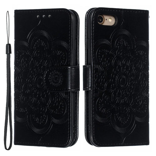 Imprint Mandala Flower Wallet Stand PU Leather Case for iPhone SE (2020)/SE (2022)/8/7 4.7 inch - Black - 1