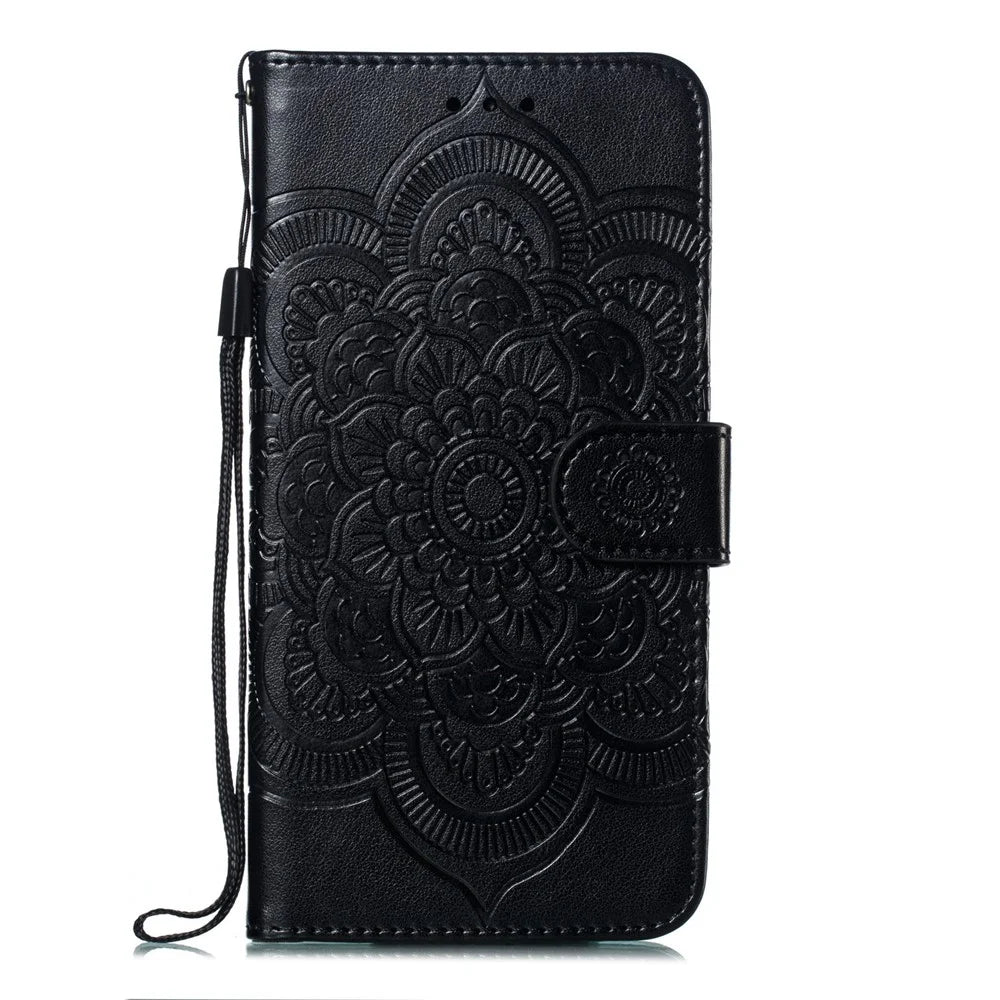 Imprint Mandala Flower Wallet Stand PU Leather Case for iPhone SE (2020)/SE (2022)/8/7 4.7 inch - Black - 2