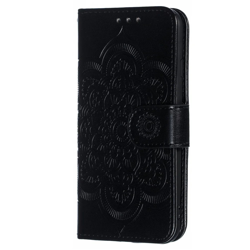 Imprint Mandala Flower Wallet Stand PU Leather Case for iPhone SE (2020)/SE (2022)/8/7 4.7 inch - Black - 3