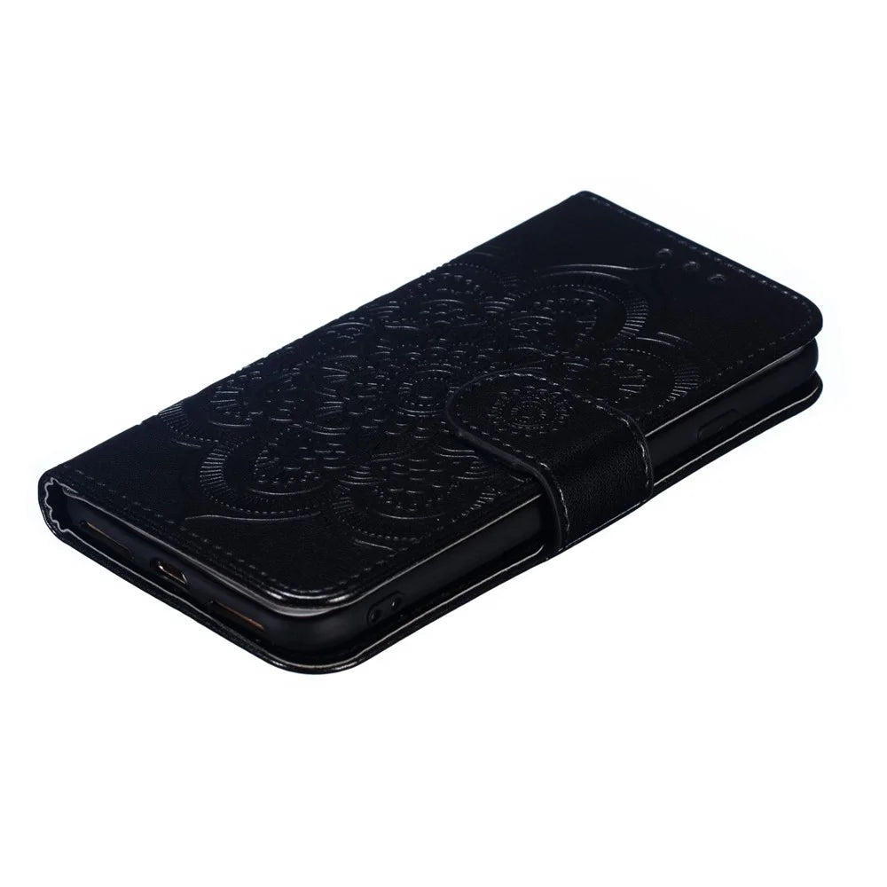 Imprint Mandala Flower Wallet Stand PU Leather Case for iPhone SE (2020)/SE (2022)/8/7 4.7 inch - Black - 5