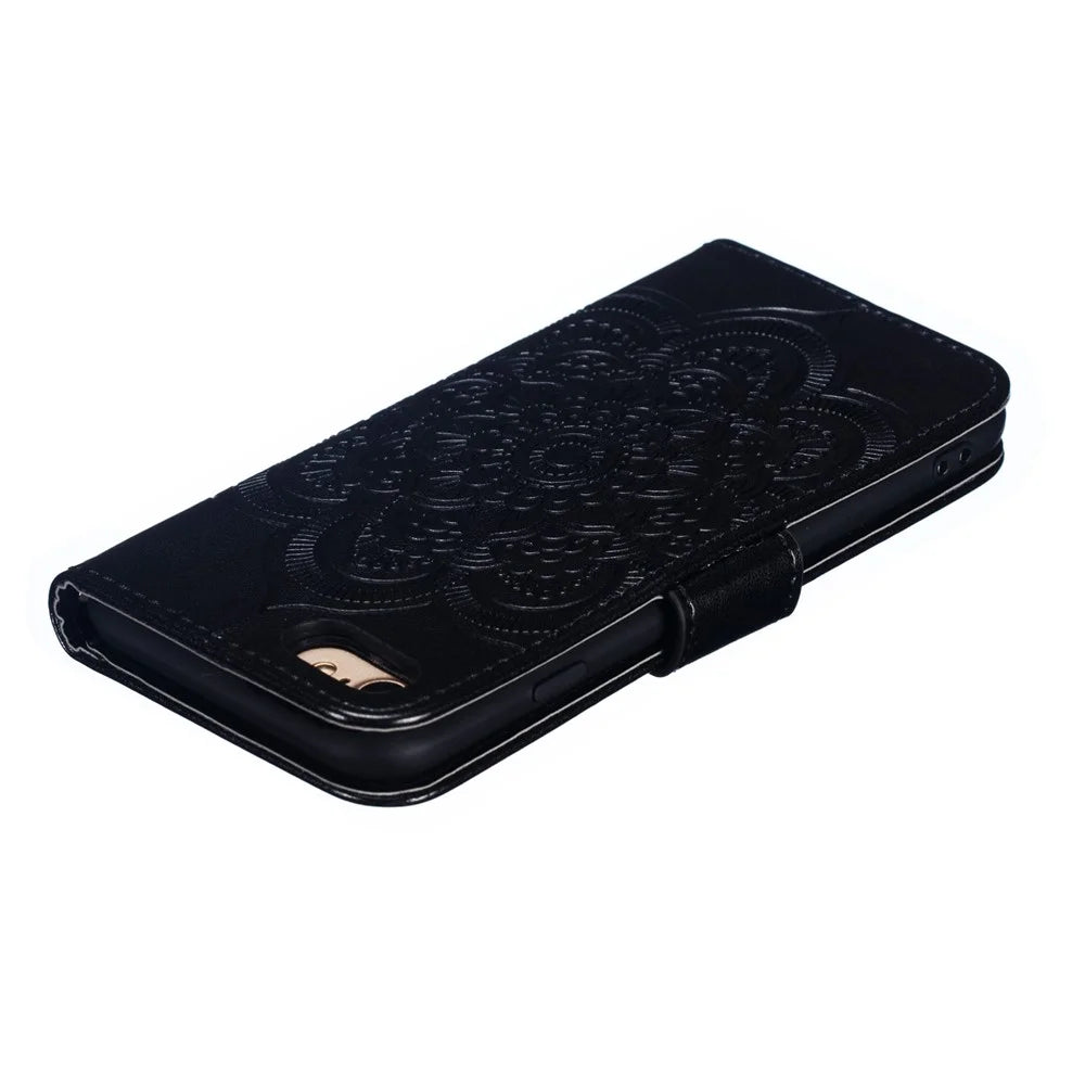Imprint Mandala Flower Wallet Stand PU Leather Case for iPhone SE (2020)/SE (2022)/8/7 4.7 inch - Black - 6