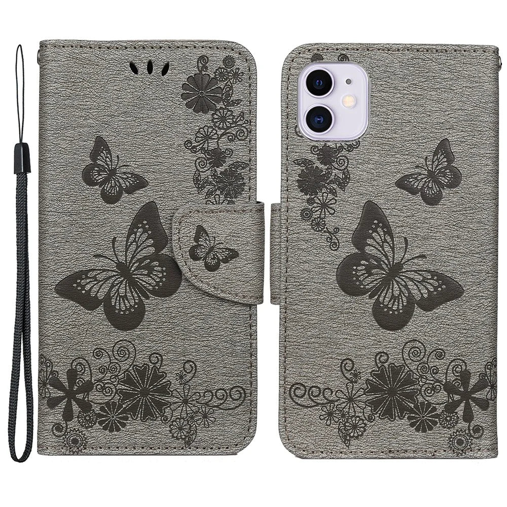 Imprint Butterfly Flower Leather Wallet Case for iPhone 11 6.1 inch (2019) with Foldable Stand - Grey - 1
