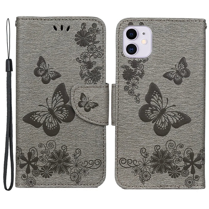 Imprint Butterfly Flower Leather Wallet Case for iPhone 11 6.1 inch (2019) with Foldable Stand - Grey - 1