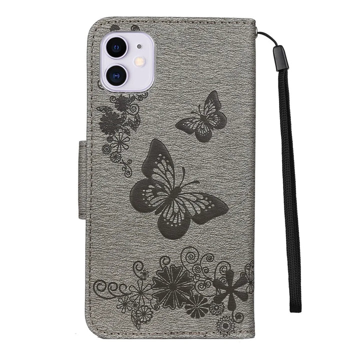 Imprint Butterfly Flower Leather Wallet Case for iPhone 11 6.1 inch (2019) with Foldable Stand - Grey - 3