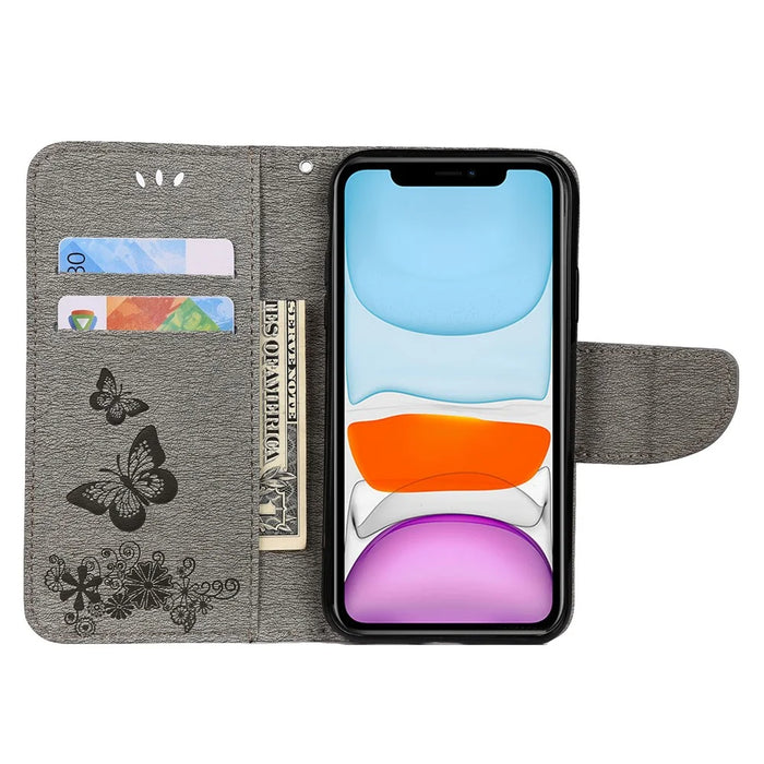Imprint Butterfly Flower Leather Wallet Case for iPhone 11 6.1 inch (2019) with Foldable Stand - Grey - 4