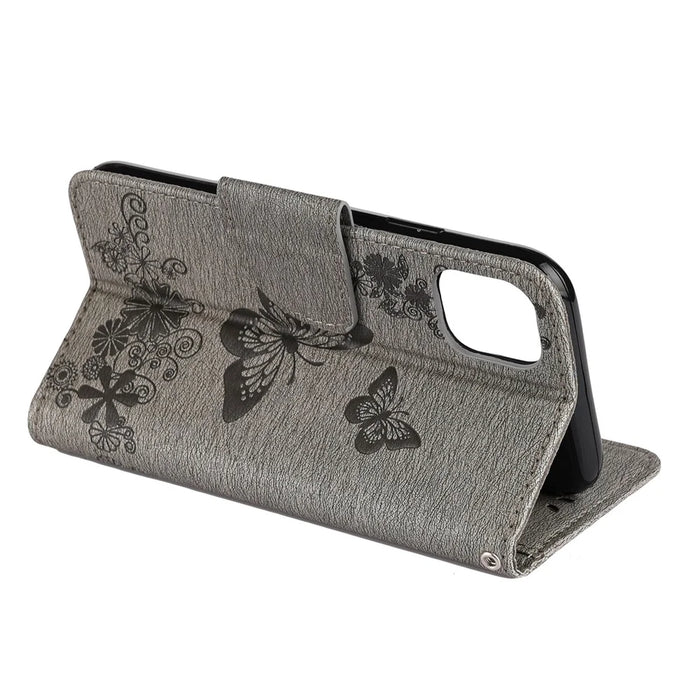 Imprint Butterfly Flower Leather Wallet Case for iPhone 11 6.1 inch (2019) with Foldable Stand - Grey - 6