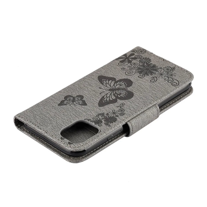 Imprint Butterfly Flower Leather Wallet Case for iPhone 11 6.1 inch (2019) with Foldable Stand - Grey - 7