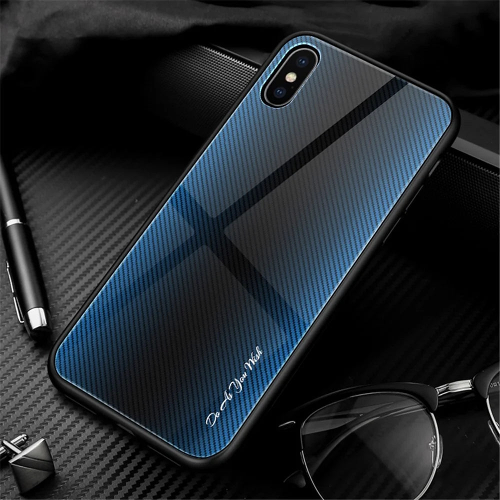 Texture Gradient Tempered Glass Back + Soft TPU Edge Phone Casing for iPhone XS/X 5.8 inch - Blue/Black - 1