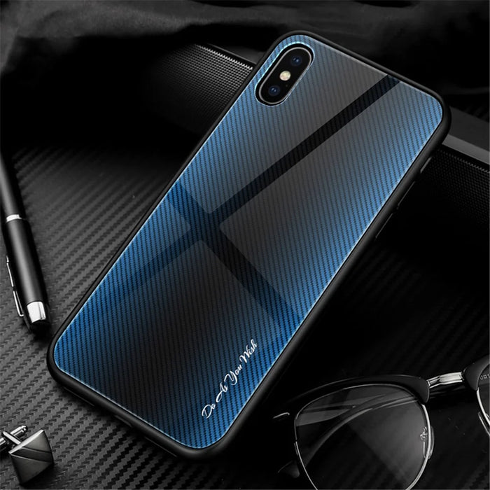 Texture Gradient Tempered Glass Back + Soft TPU Edge Phone Casing for iPhone XS/X 5.8 inch - Blue/Black - 1