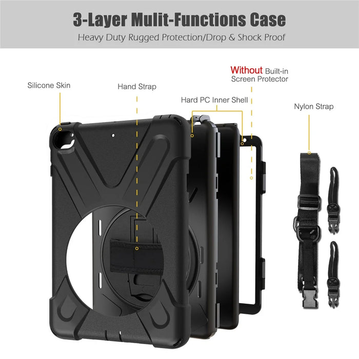 For iPad mini (2019) 7.9 inch / mini 4 X-Shape PC + TPU Rotary Kickstand Cover with Handstrap + Shoulder Strap - Black - 2
