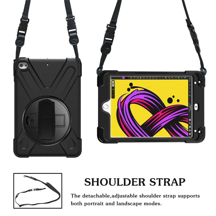 For iPad mini (2019) 7.9 inch / mini 4 X-Shape PC + TPU Rotary Kickstand Cover with Handstrap + Shoulder Strap - Black - 3