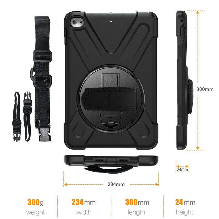 For iPad mini (2019) 7.9 inch / mini 4 X-Shape PC + TPU Rotary Kickstand Cover with Handstrap + Shoulder Strap - Black - 4