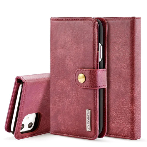 DG.MING Stylish Anti-fingerprint Easy Detechable Split Leather Wallet Flip Folio Case Stand Shockproof PC Inner Cover for iPhone 11 6.1 inch (2019) - Wine Red - 1