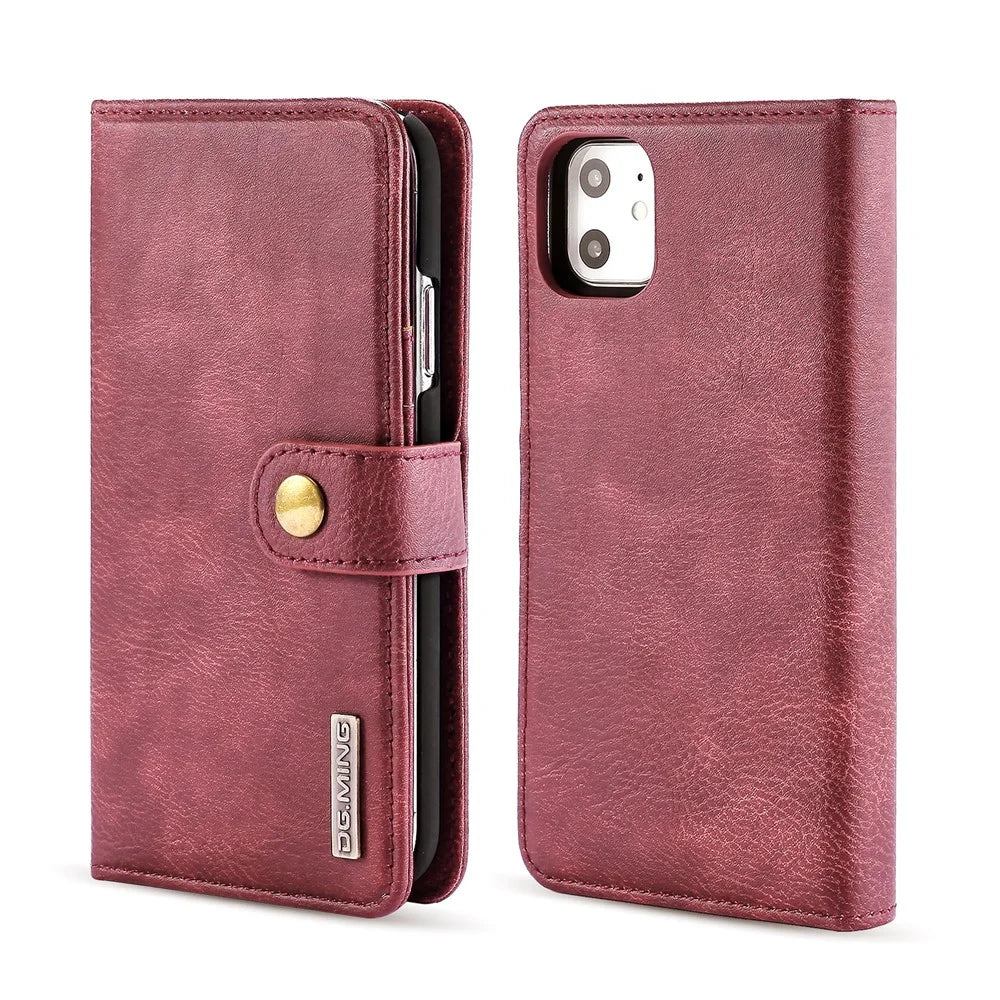 DG.MING Stylish Anti-fingerprint Easy Detechable Split Leather Wallet Flip Folio Case Stand Shockproof PC Inner Cover for iPhone 11 6.1 inch (2019) - Wine Red - 2