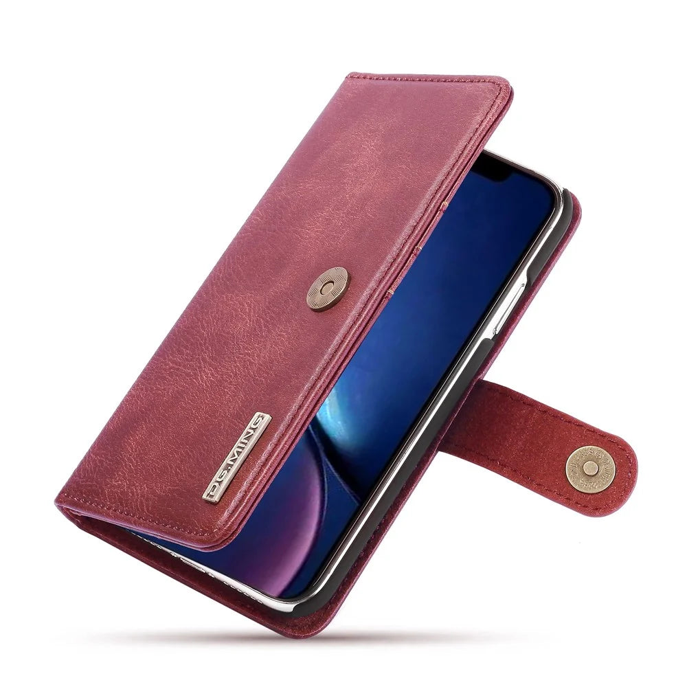 DG.MING Stylish Anti-fingerprint Easy Detechable Split Leather Wallet Flip Folio Case Stand Shockproof PC Inner Cover for iPhone 11 6.1 inch (2019) - Wine Red - 3
