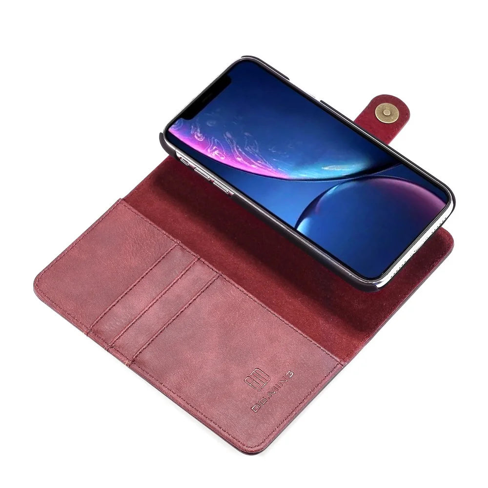 DG.MING Stylish Anti-fingerprint Easy Detechable Split Leather Wallet Flip Folio Case Stand Shockproof PC Inner Cover for iPhone 11 6.1 inch (2019) - Wine Red - 4