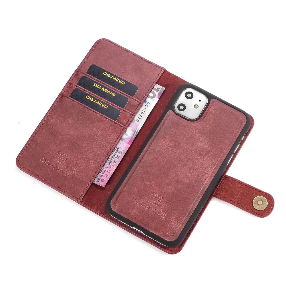 DG.MING Stylish Anti-fingerprint Easy Detechable Split Leather Wallet Flip Folio Case Stand Shockproof PC Inner Cover for iPhone 11 6.1 inch (2019) - Wine Red - 5