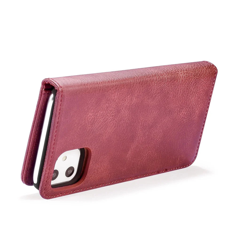 DG.MING Stylish Anti-fingerprint Easy Detechable Split Leather Wallet Flip Folio Case Stand Shockproof PC Inner Cover for iPhone 11 6.1 inch (2019) - Wine Red - 6