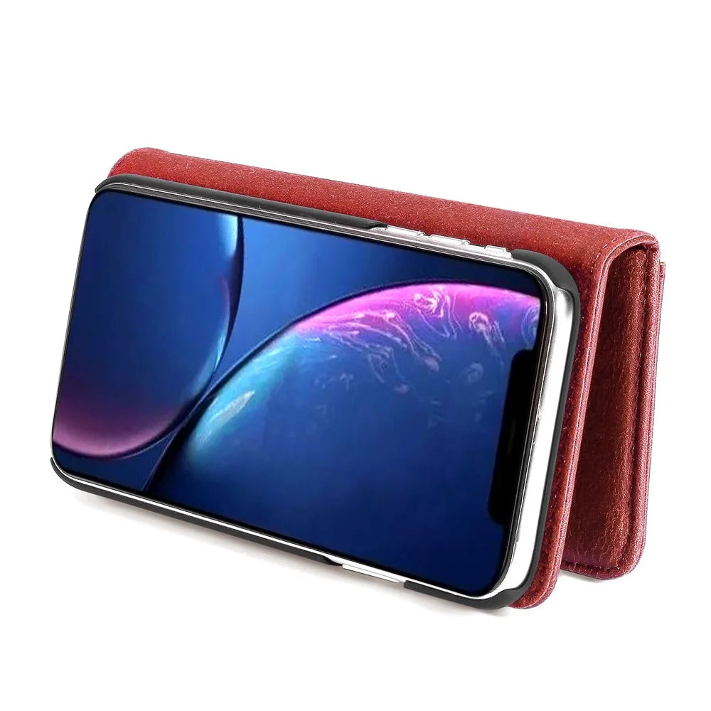 DG.MING Stylish Anti-fingerprint Easy Detechable Split Leather Wallet Flip Folio Case Stand Shockproof PC Inner Cover for iPhone 11 6.1 inch (2019) - Wine Red - 7