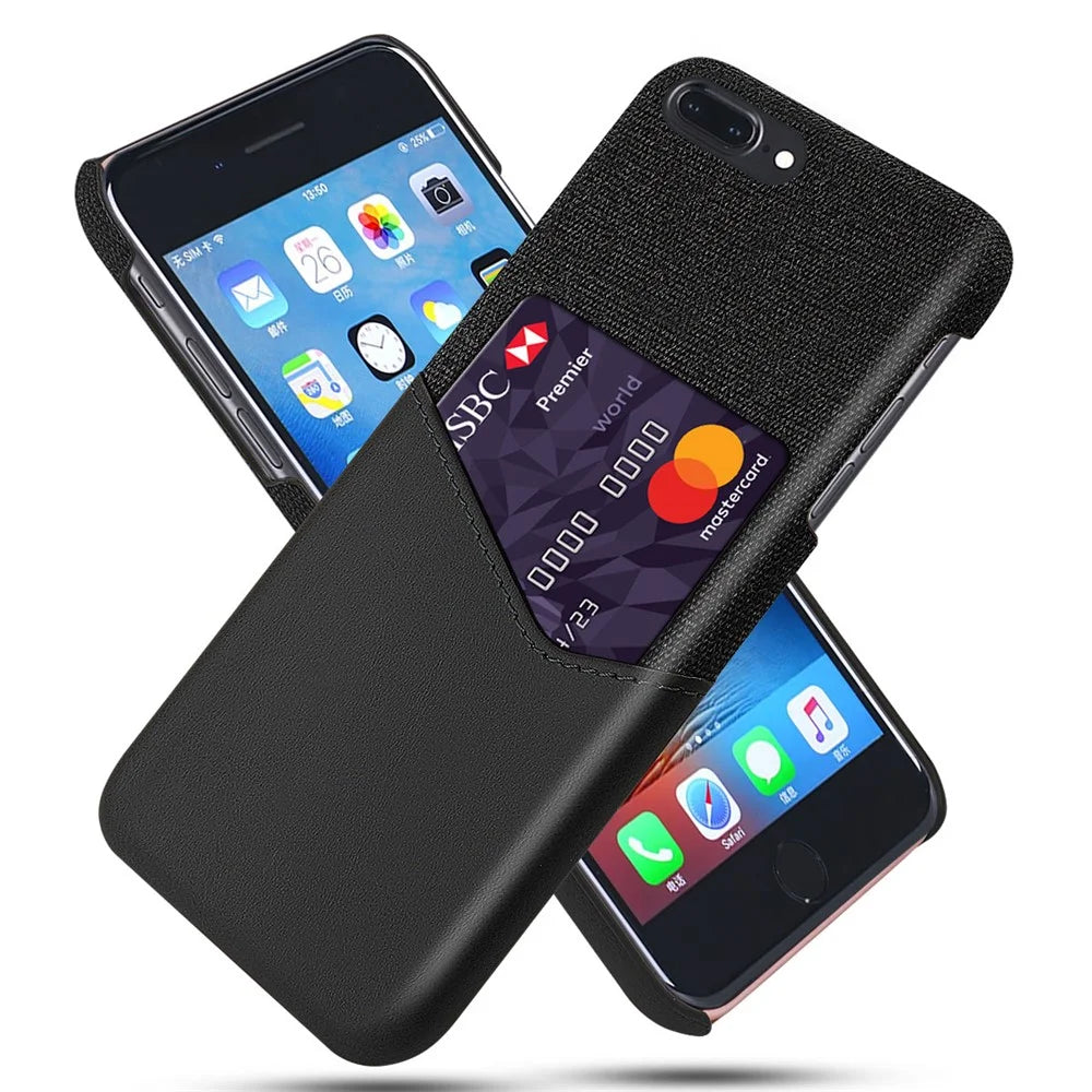 Cloth + PU Leather PC Phone Case with Card Slot for iPhone 8 / 7 Plus 5.5 inch - Black - 1
