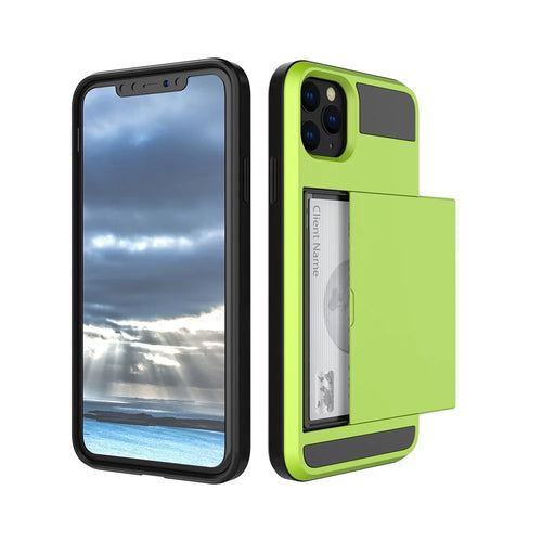 For iPhone 11 6.1 inch (2019) Slide Card Holder PC + TPU Hybrid Mobile Phone Casing - Fluorescent Green - 1