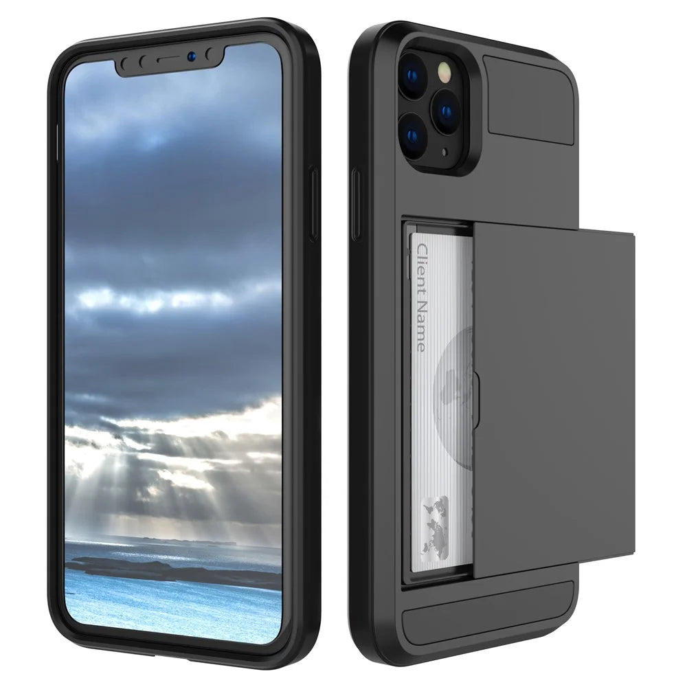 Card Holder Sliding PC + TPU Hybrid Cell Phone Shell Case for iPhone 11 Pro 5.8 inch (2019) - Black - 1