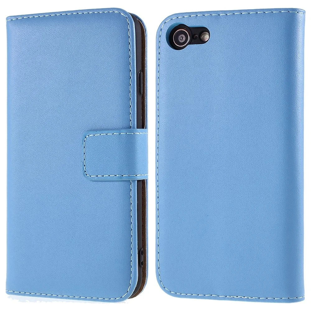 Stand Function Genuine Leather Wallet Flip Case with Secure Magnetic Closure for iPhone 8 / 7 / SE (2020) / SE (2022) - Blue - 1