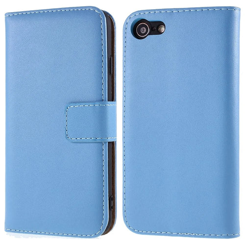Stand Function Genuine Leather Wallet Flip Case with Secure Magnetic Closure for iPhone 8 / 7 / SE (2020) / SE (2022) - Blue - 1