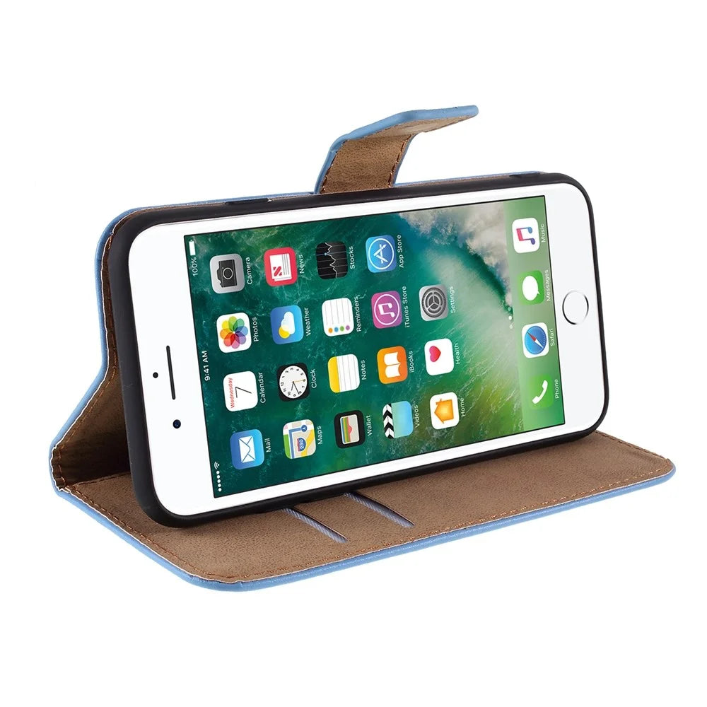 Stand Function Genuine Leather Wallet Flip Case with Secure Magnetic Closure for iPhone 8 / 7 / SE (2020) / SE (2022) - Blue - 6