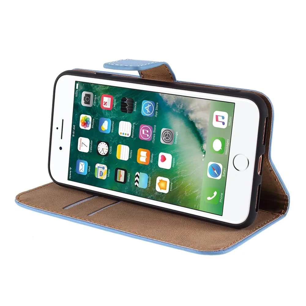 Stand Function Genuine Leather Wallet Flip Case with Secure Magnetic Closure for iPhone 8 / 7 / SE (2020) / SE (2022) - Blue - 7