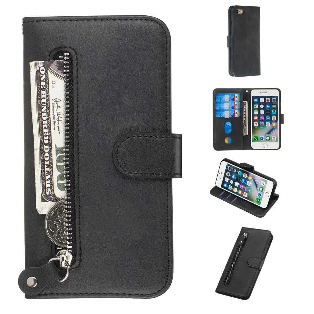 Zipper Pocket Wallet Stand Flip Leather Phone Case for iPhone SE (2020)/SE (2022)/8/7 4.7 inch - Black - 1
