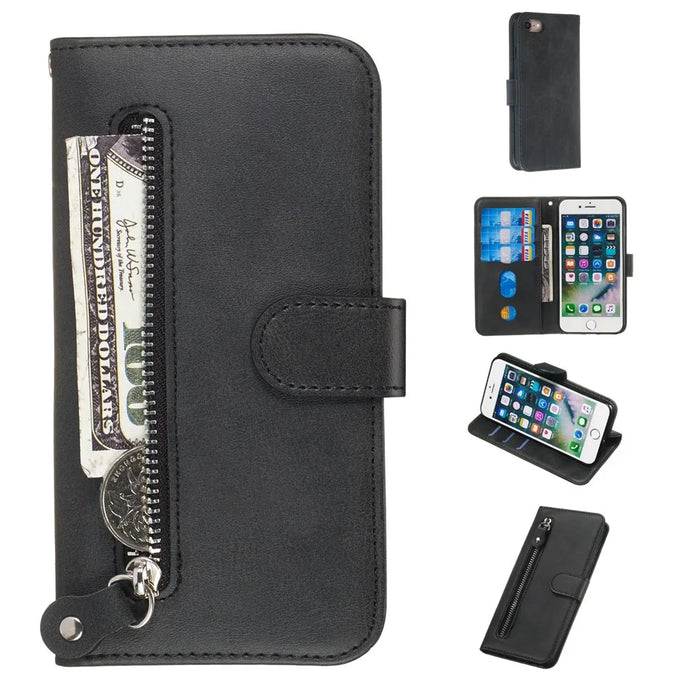 Zipper Pocket Wallet Stand Flip Leather Phone Case for iPhone SE (2020)/SE (2022)/8/7 4.7 inch - Black - 1