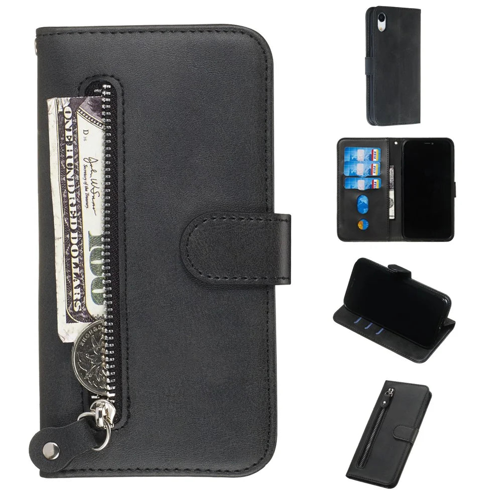 Zipper Pocket Fashion Wallet Stand Flip Leather Phone Case Cover for iPhone XR 6.1 inch - Black - 1