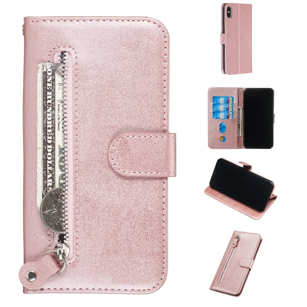 Zipper Pocket PU Leather Wallet Case for iPhone XS Max 6.5 inch - Rose Gold - 1
