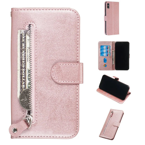 Zipper Pocket PU Leather Wallet Case for iPhone XS Max 6.5 inch - Rose Gold - 1