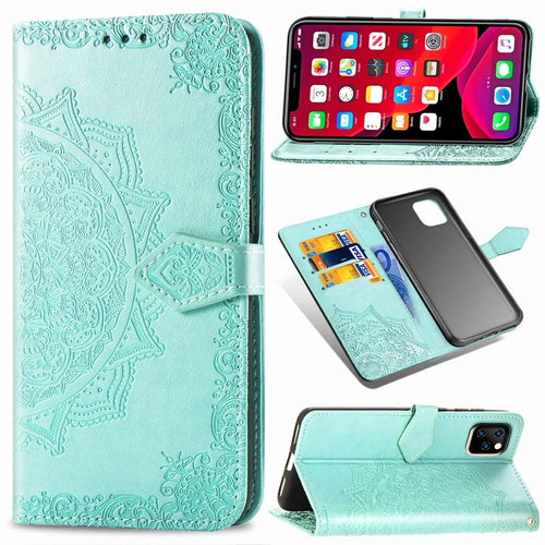 Embossed Mandala Flower Leather Wallet Stand Case for iPhone 11 6.1 inch (2019) - Cyan - 1