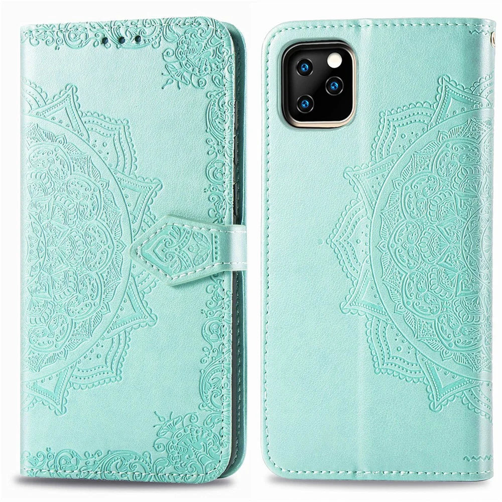 Embossed Mandala Flower Leather Wallet Stand Case for iPhone 11 6.1 inch (2019) - Cyan - 2