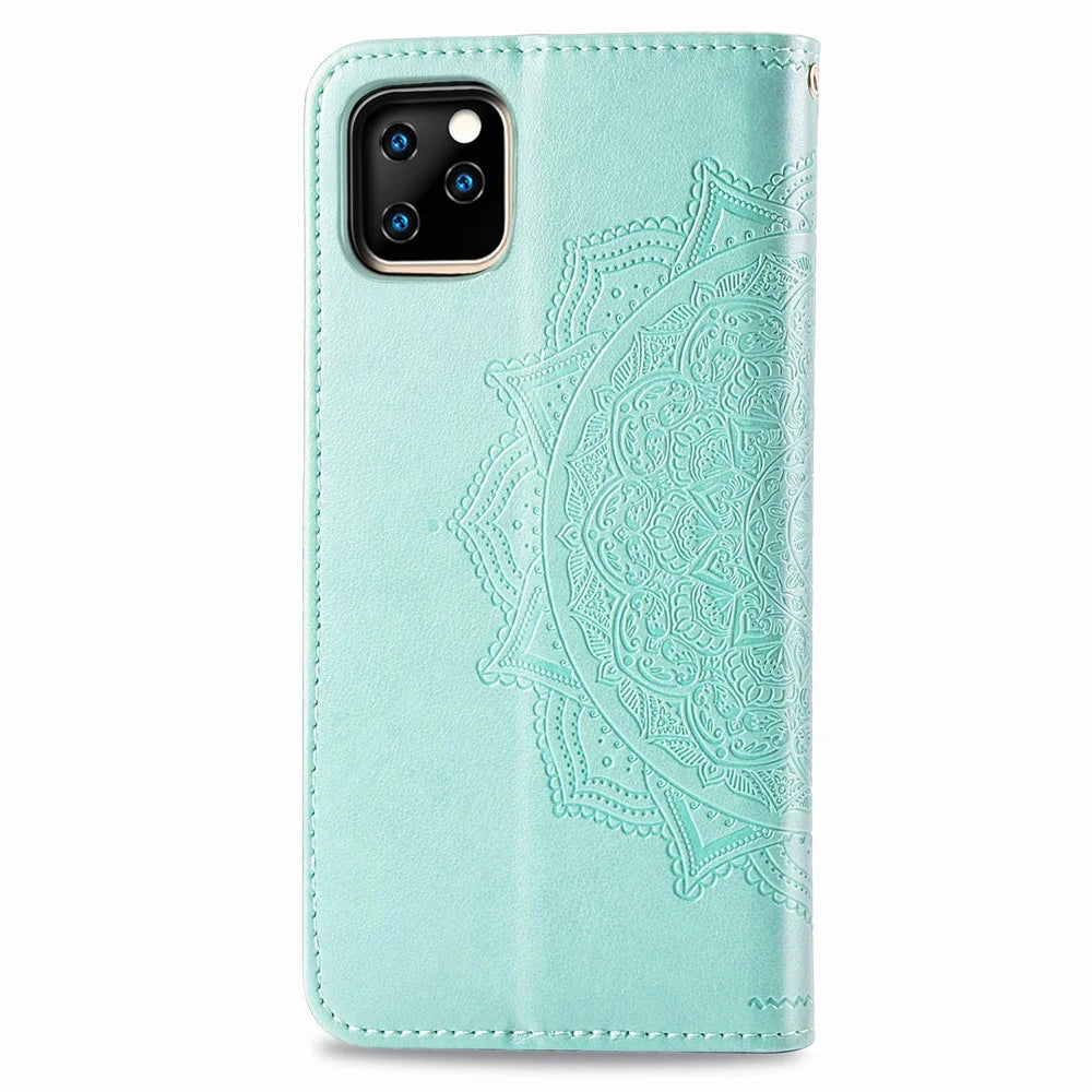 Embossed Mandala Flower Leather Wallet Stand Case for iPhone 11 6.1 inch (2019) - Cyan - 5