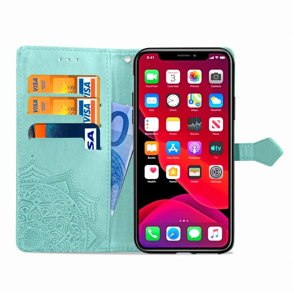 Embossed Mandala Flower Leather Wallet Stand Case for iPhone 11 6.1 inch (2019) - Cyan - 6